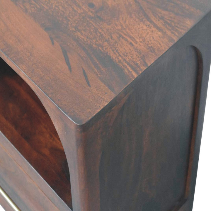 Chocolate Brown Lacquered Classic Grey Solid Mango Wood Arched Edge 1-Drawer Nightstand