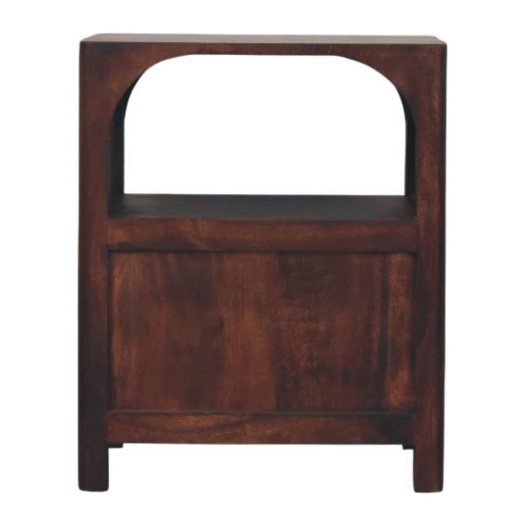 Chocolate Brown Lacquered Classic Grey Solid Mango Wood Arched Edge 1-Drawer Nightstand