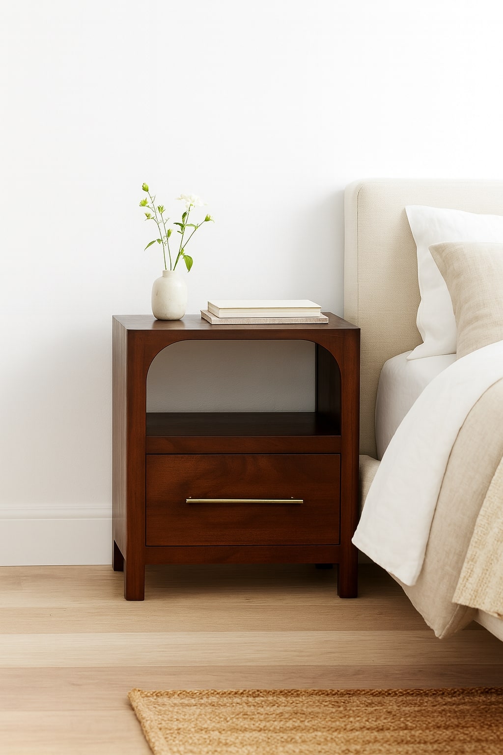 Chocolate Brown Lacquered Classic Grey Solid Mango Wood Arched Edge 1-Drawer Nightstand