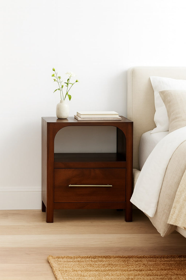 Chocolate Brown Lacquered Classic Grey Solid Mango Wood Arched Edge 1-Drawer Nightstand