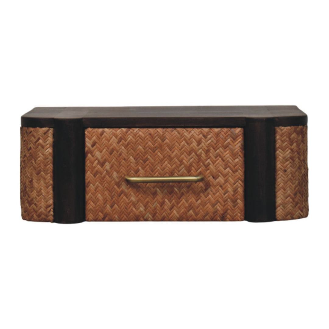 Brown Lacquered Solid Mango Wood Havana Wall-Mounted Bedside with Rattan Drawer & Brass Handle
