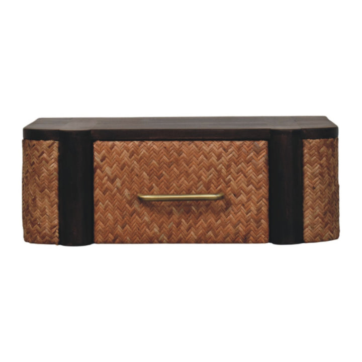 Brown Lacquered Solid Mango Wood Havana Wall-Mounted Bedside with Rattan Drawer & Brass Handle