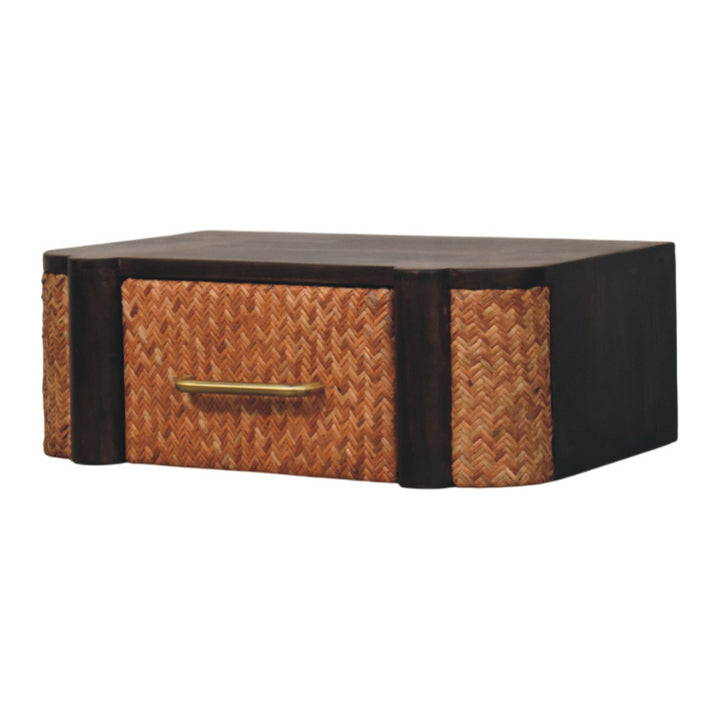 Brown Lacquered Solid Mango Wood Havana Wall-Mounted Bedside with Rattan Drawer & Brass Handle