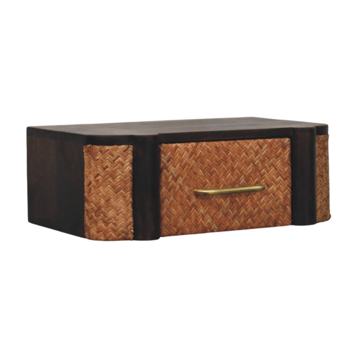 Brown Lacquered Solid Mango Wood Havana Wall-Mounted Bedside with Rattan Drawer & Brass Handle