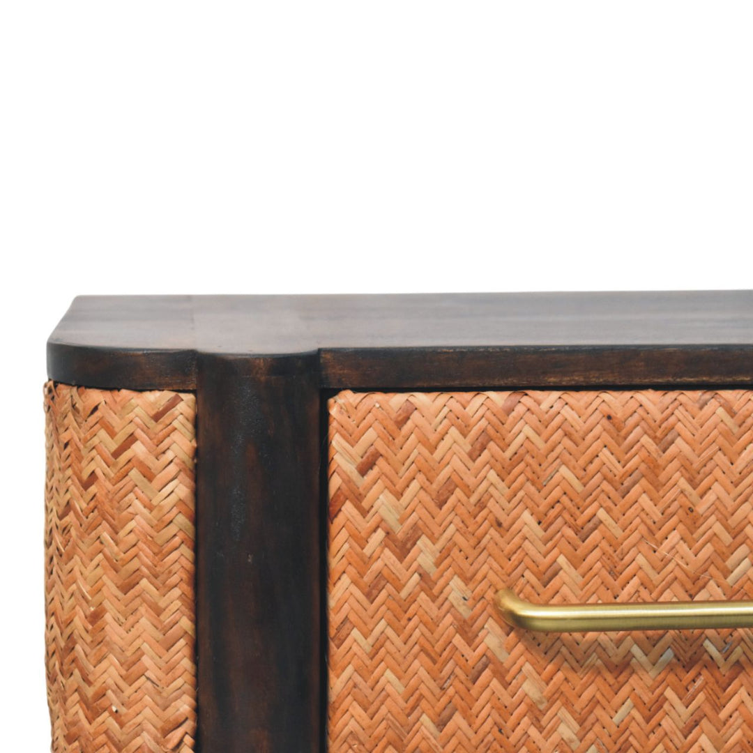 Brown Lacquered Solid Mango Wood Havana Wall-Mounted Bedside with Rattan Drawer & Brass Handle