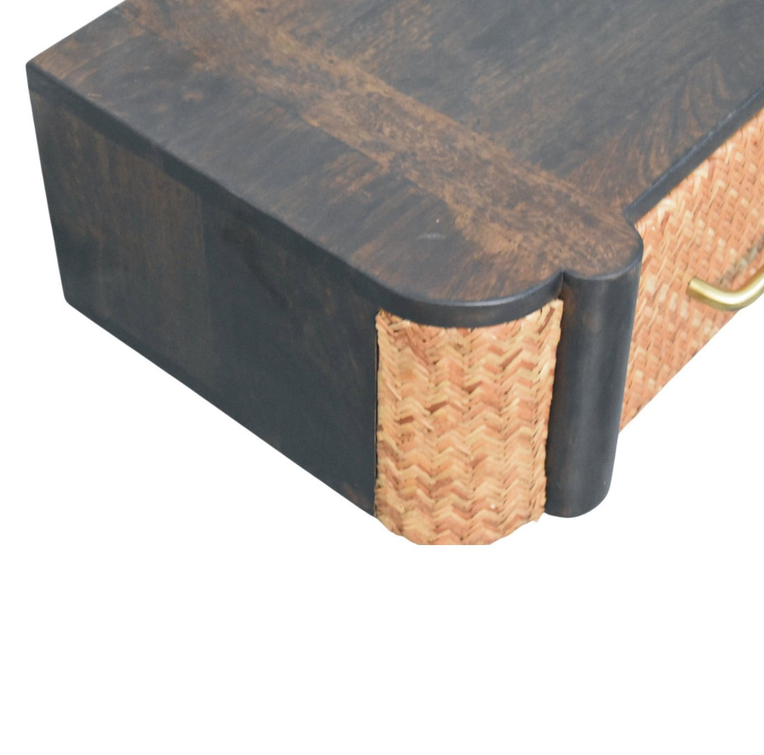 Brown Lacquered Solid Mango Wood Havana Wall-Mounted Bedside with Rattan Drawer & Brass Handle