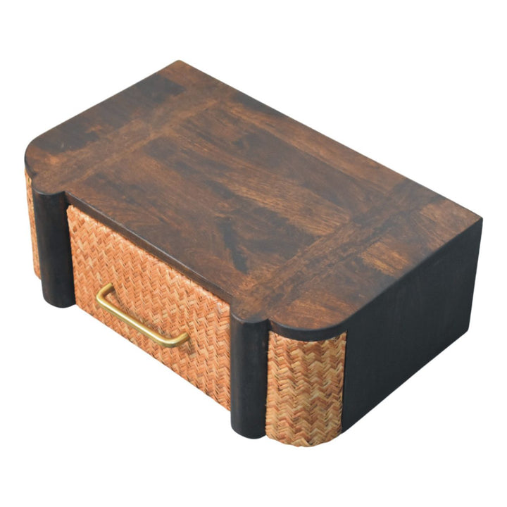 Brown Lacquered Solid Mango Wood Havana Wall-Mounted Bedside with Rattan Drawer & Brass Handle