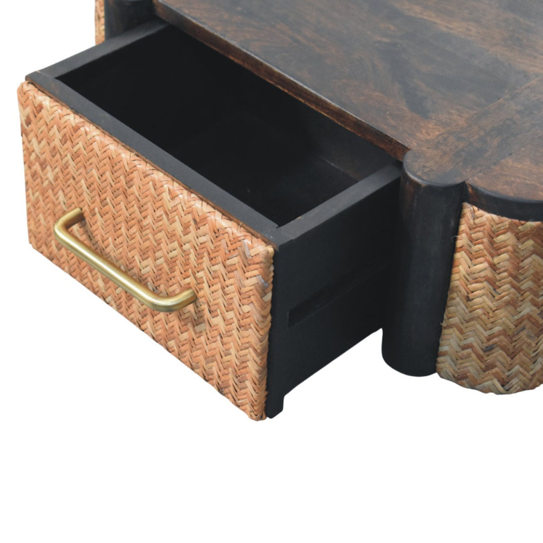 Brown Lacquered Solid Mango Wood Havana Wall-Mounted Bedside with Rattan Drawer & Brass Handle