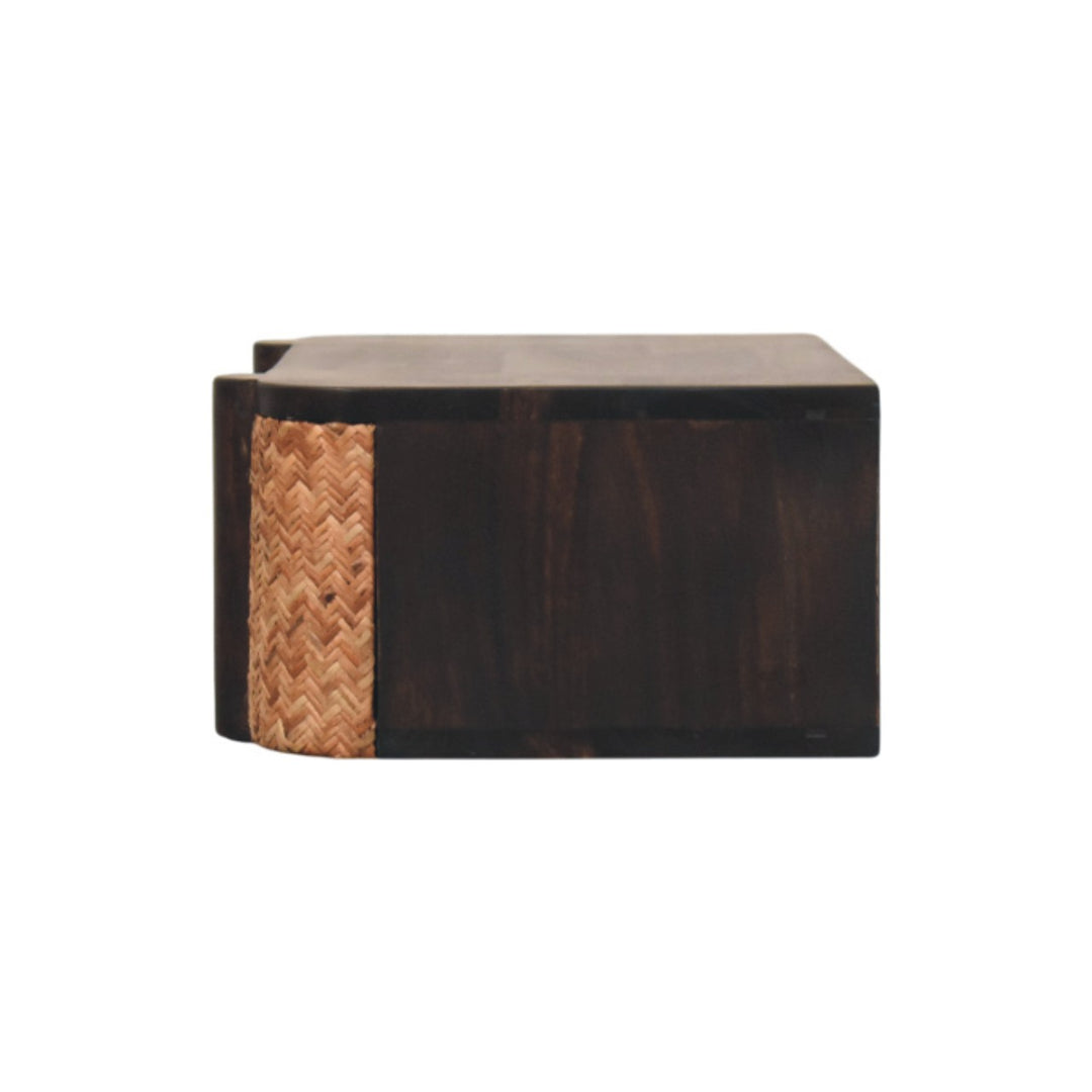 Brown Lacquered Solid Mango Wood Havana Wall-Mounted Bedside with Rattan Drawer & Brass Handle