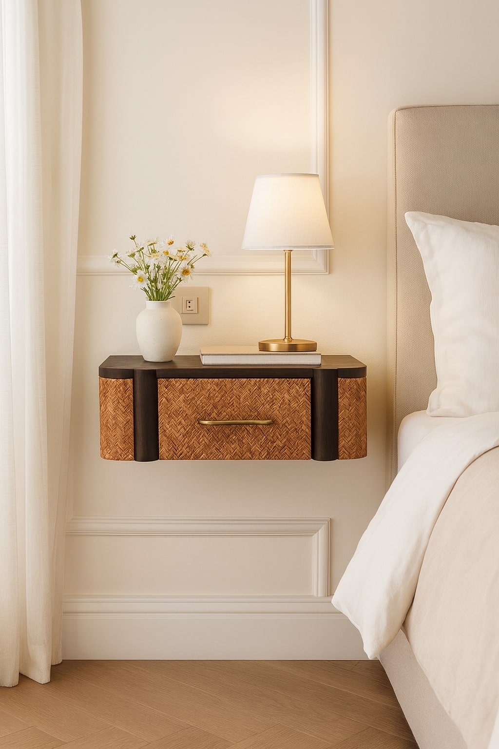Brown Lacquered Solid Mango Wood Havana Wall-Mounted Bedside with Rattan Drawer & Brass Handle