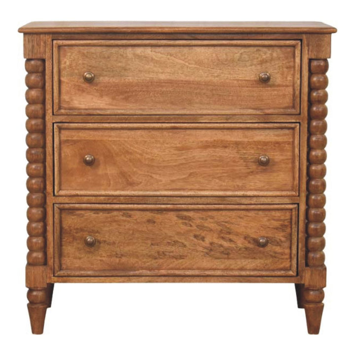 Solid Mango Wood Spindle Chest of Drawers with 3 Drawers & Turned Spindle Uprights | Chestnut Finish | 80 x 35 x 80 cm