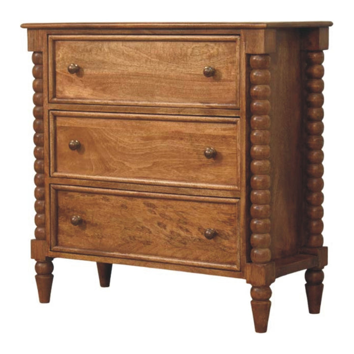 Solid Mango Wood Spindle Chest of Drawers with 3 Drawers & Turned Spindle Uprights | Chestnut Finish | 80 x 35 x 80 cm