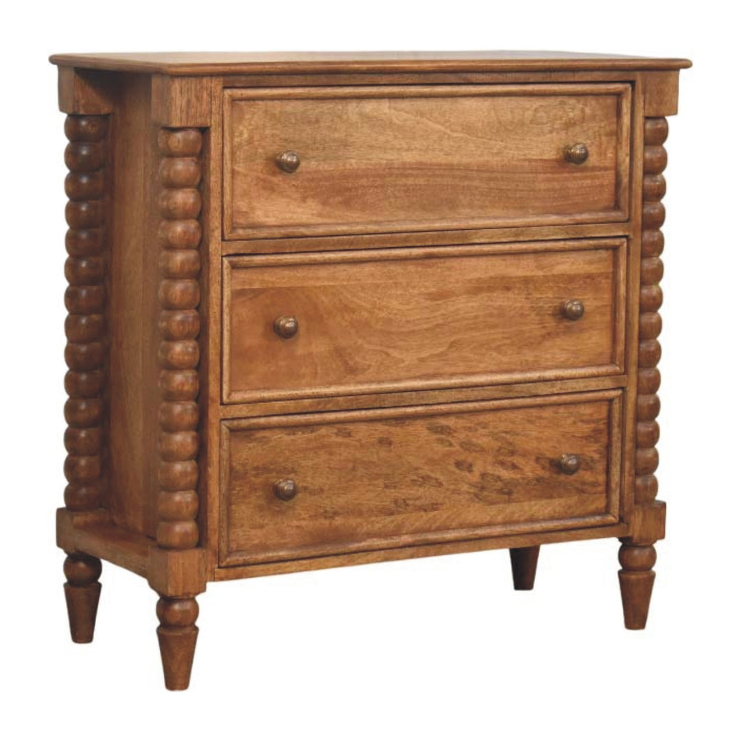 Solid Mango Wood Spindle Chest of Drawers with 3 Drawers & Turned Spindle Uprights | Chestnut Finish | 80 x 35 x 80 cm