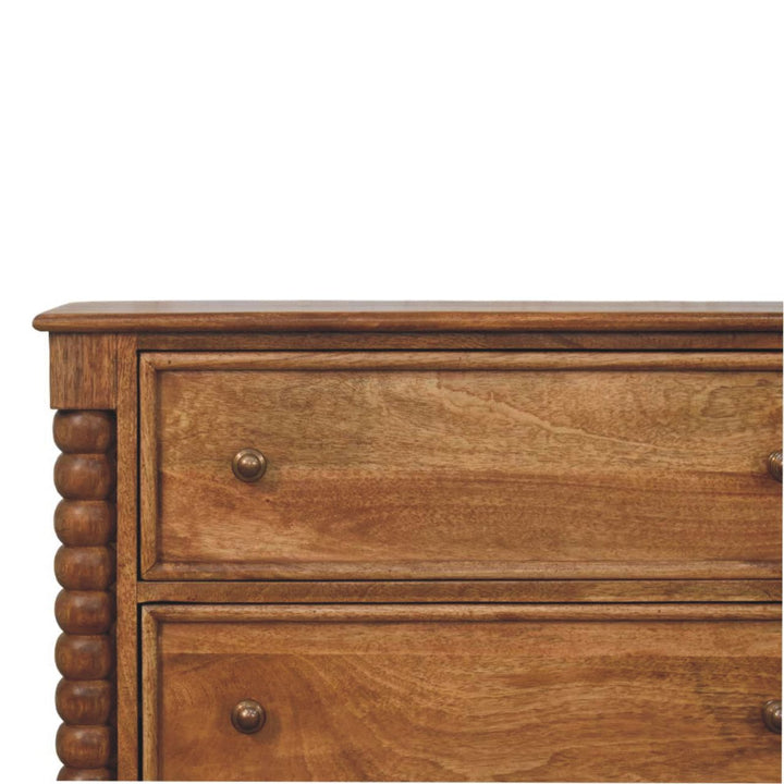 Solid Mango Wood Spindle Chest of Drawers with 3 Drawers & Turned Spindle Uprights | Chestnut Finish | 80 x 35 x 80 cm