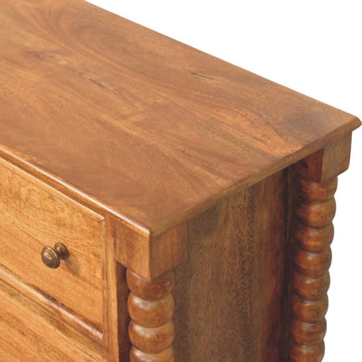 Solid Mango Wood Spindle Chest of Drawers with 3 Drawers & Turned Spindle Uprights | Chestnut Finish | 80 x 35 x 80 cm
