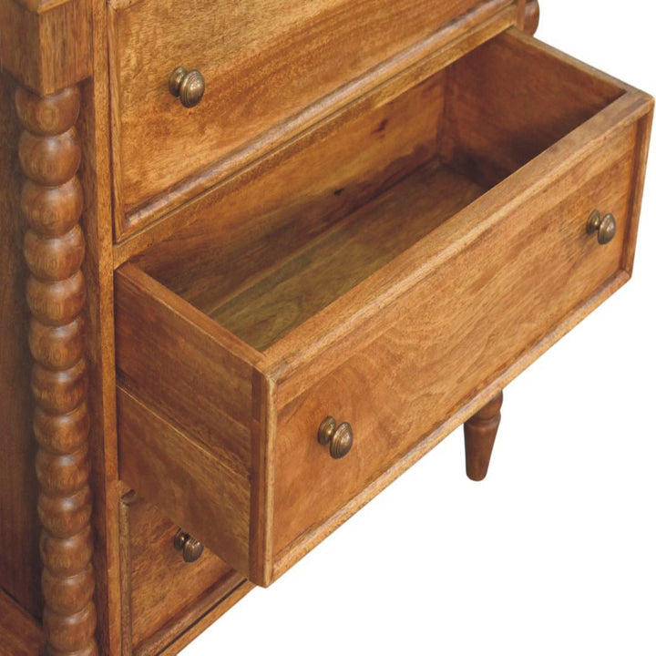 Solid Mango Wood Spindle Chest of Drawers with 3 Drawers & Turned Spindle Uprights | Chestnut Finish | 80 x 35 x 80 cm