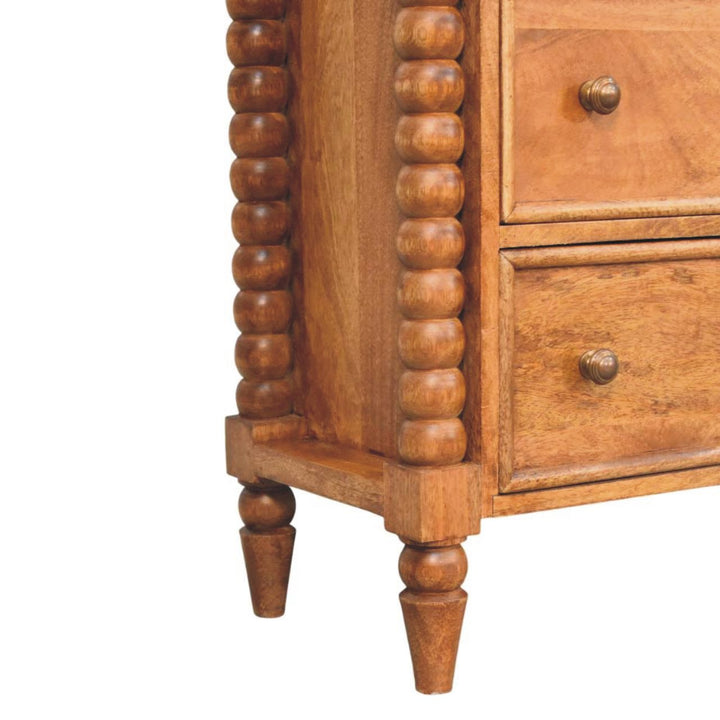Solid Mango Wood Spindle Chest of Drawers with 3 Drawers & Turned Spindle Uprights | Chestnut Finish | 80 x 35 x 80 cm