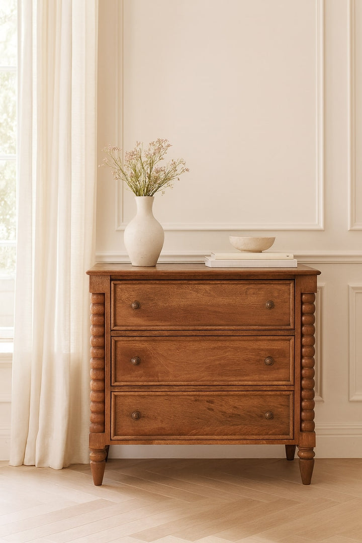 Solid Mango Wood Spindle Chest of Drawers with 3 Drawers & Turned Spindle Uprights | Chestnut Finish | 80 x 35 x 80 cm