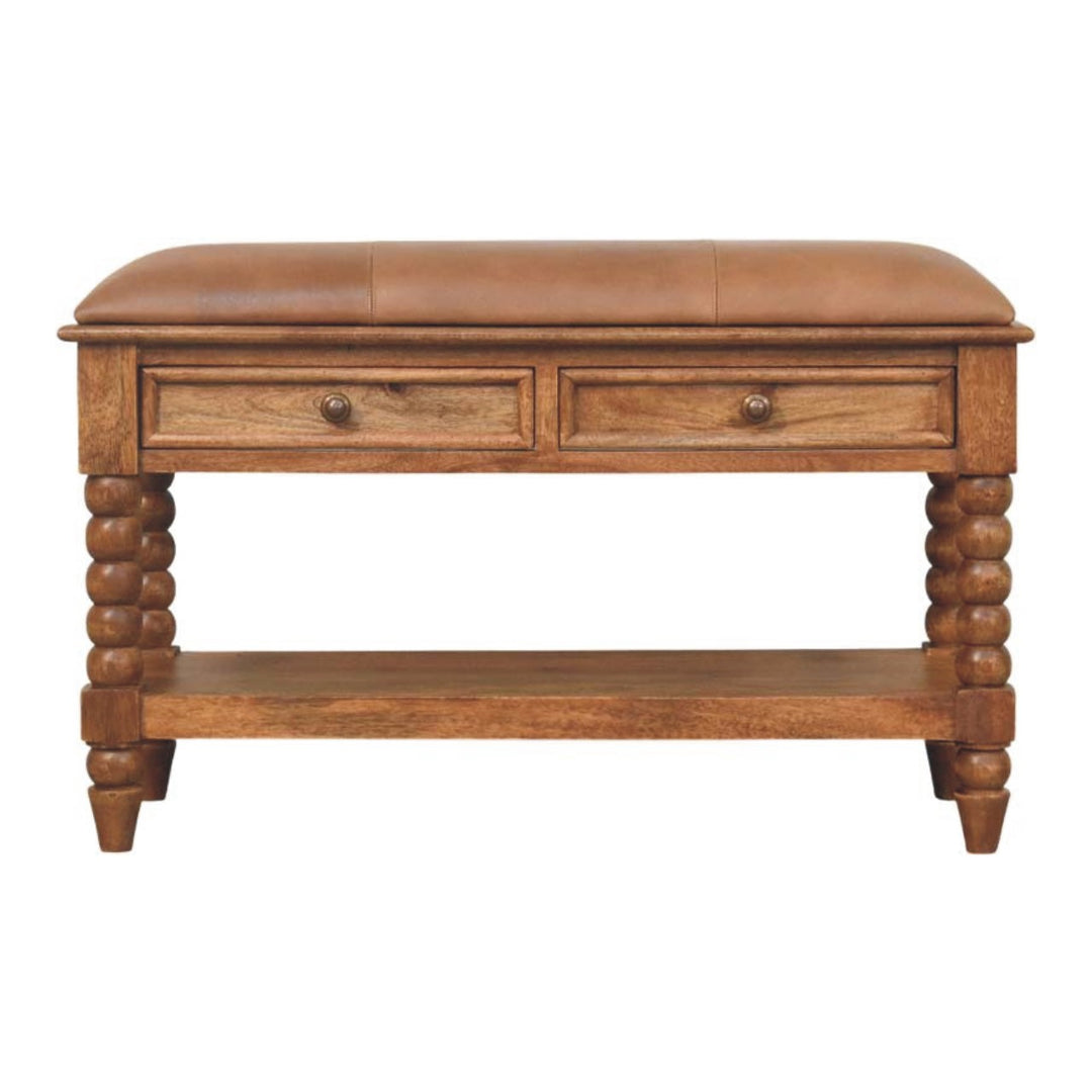 Brown Oak Lacquered Solid Mango Wood Leunler Slatted Bench with 2 Drawers & Leather Seat