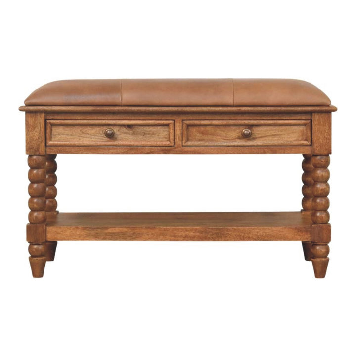 Brown Oak Lacquered Solid Mango Wood Leunler Slatted Bench with 2 Drawers & Leather Seat
