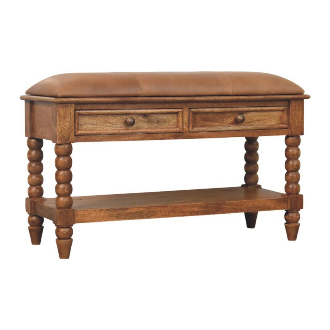 Brown Oak Lacquered Solid Mango Wood Leunler Slatted Bench with 2 Drawers & Leather Seat