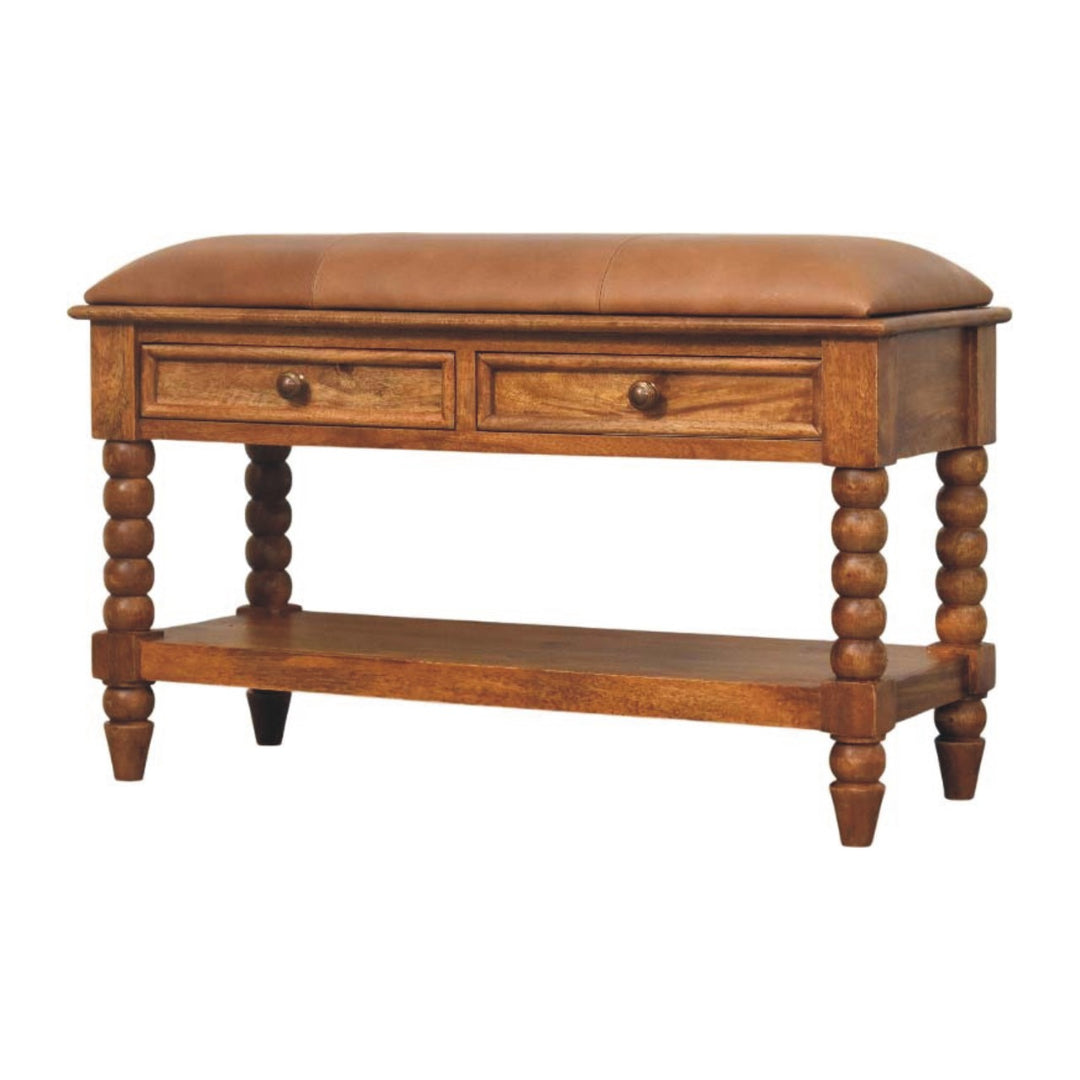 Brown Oak Lacquered Solid Mango Wood Leunler Slatted Bench with 2 Drawers & Leather Seat