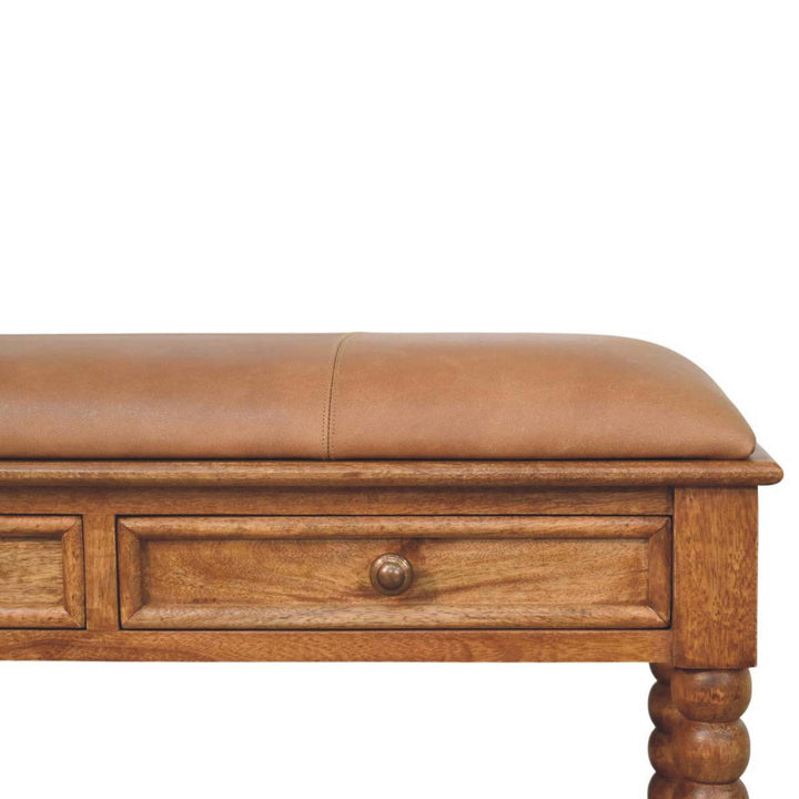 Brown Oak Lacquered Solid Mango Wood Leunler Slatted Bench with 2 Drawers & Leather Seat
