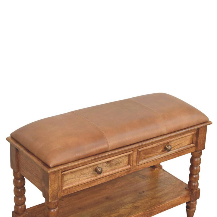 Brown Oak Lacquered Solid Mango Wood Leunler Slatted Bench with 2 Drawers & Leather Seat