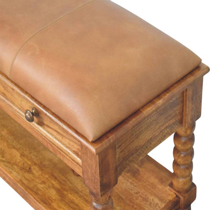 Brown Oak Lacquered Solid Mango Wood Leunler Slatted Bench with 2 Drawers & Leather Seat