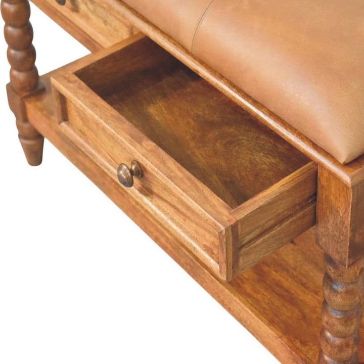 Brown Oak Lacquered Solid Mango Wood Leunler Slatted Bench with 2 Drawers & Leather Seat