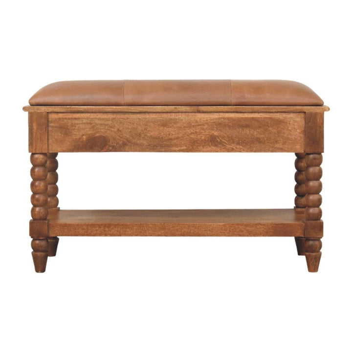 Brown Oak Lacquered Solid Mango Wood Leunler Slatted Bench with 2 Drawers & Leather Seat