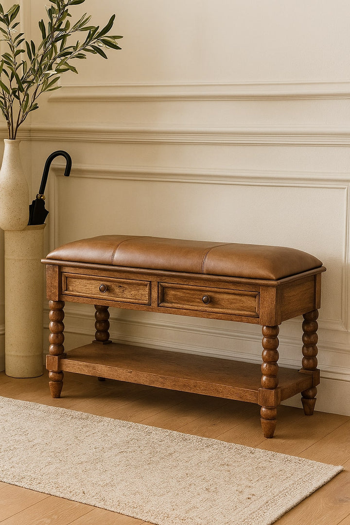 Brown Oak Lacquered Solid Mango Wood Leunler Slatted Bench with 2 Drawers & Leather Seat