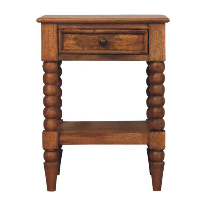 Brown Lacquered Solid Wood Wall-Mounted Spindle Bedside Table with Brass Knob & Open Shelf