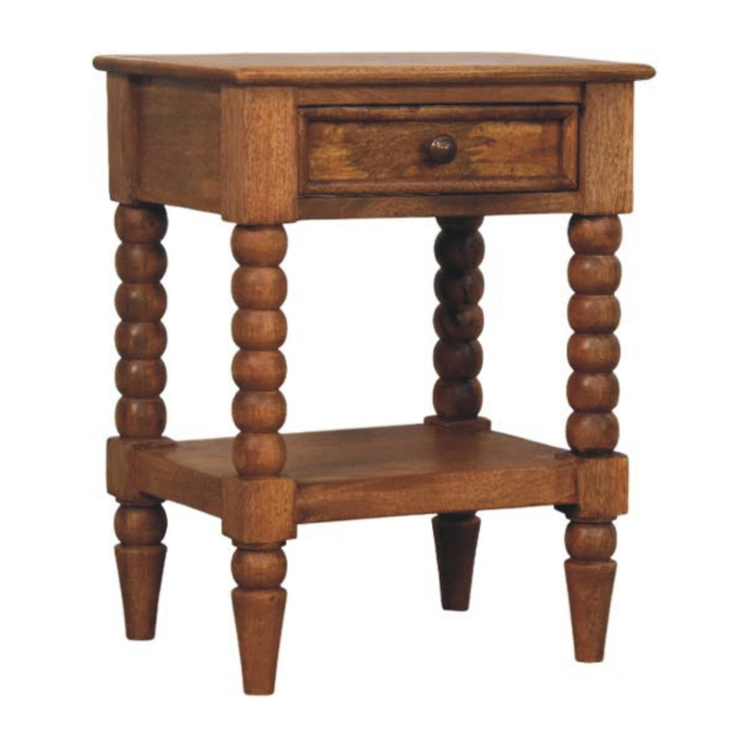 Brown Lacquered Solid Wood Wall-Mounted Spindle Bedside Table with Brass Knob & Open Shelf
