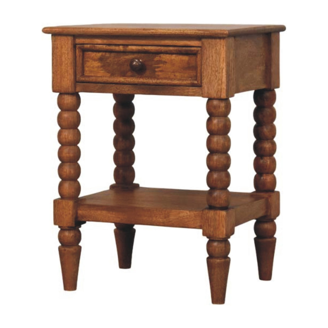 Brown Lacquered Solid Wood Wall-Mounted Spindle Bedside Table with Brass Knob & Open Shelf