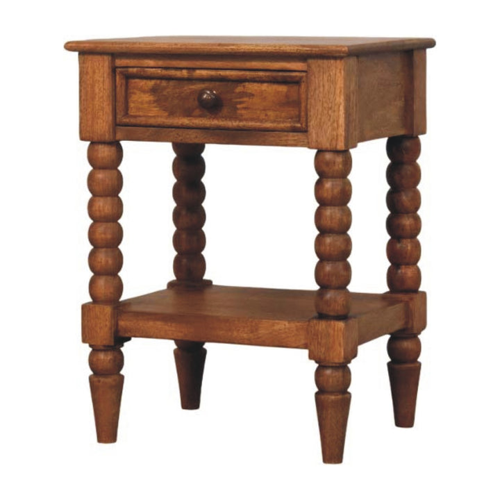 Brown Lacquered Solid Wood Wall-Mounted Spindle Bedside Table with Brass Knob & Open Shelf