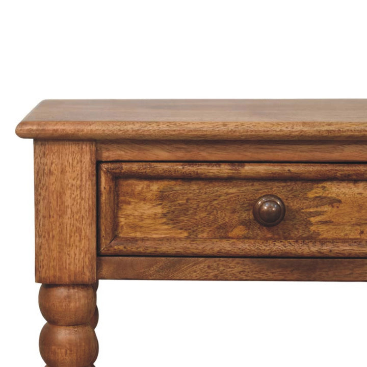 Brown Lacquered Solid Wood Wall-Mounted Spindle Bedside Table with Brass Knob & Open Shelf