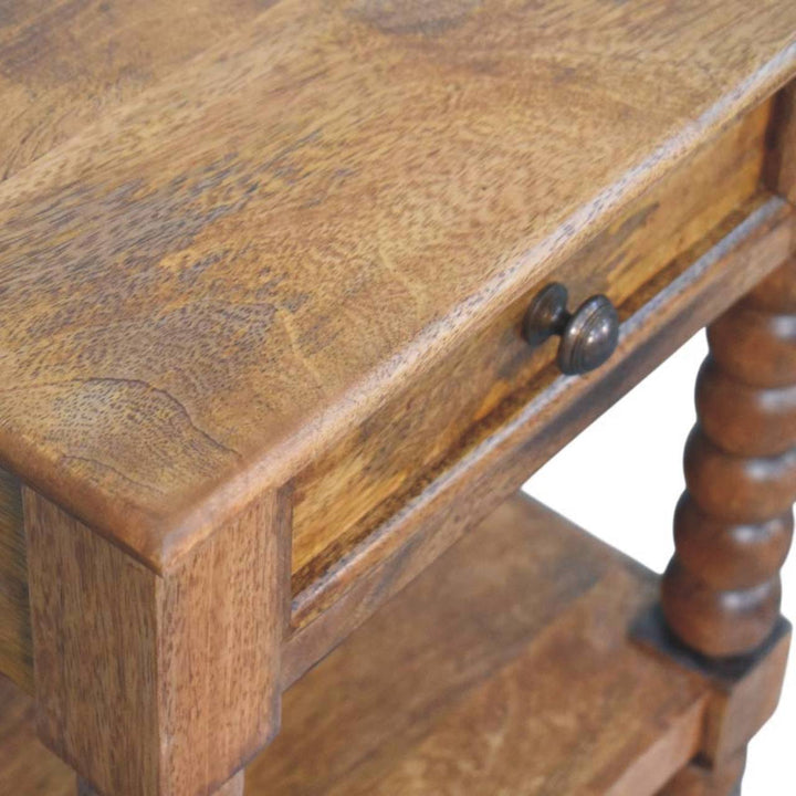 Brown Lacquered Solid Wood Wall-Mounted Spindle Bedside Table with Brass Knob & Open Shelf
