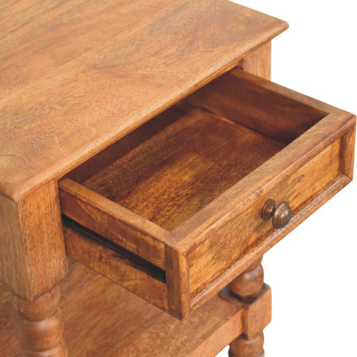 Brown Lacquered Solid Wood Wall-Mounted Spindle Bedside Table with Brass Knob & Open Shelf