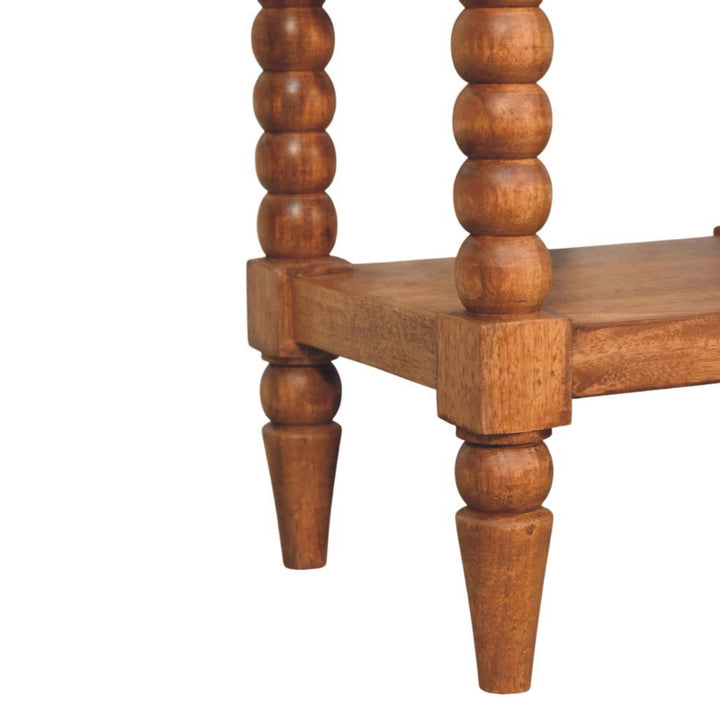 Brown Lacquered Solid Wood Wall-Mounted Spindle Bedside Table with Brass Knob & Open Shelf