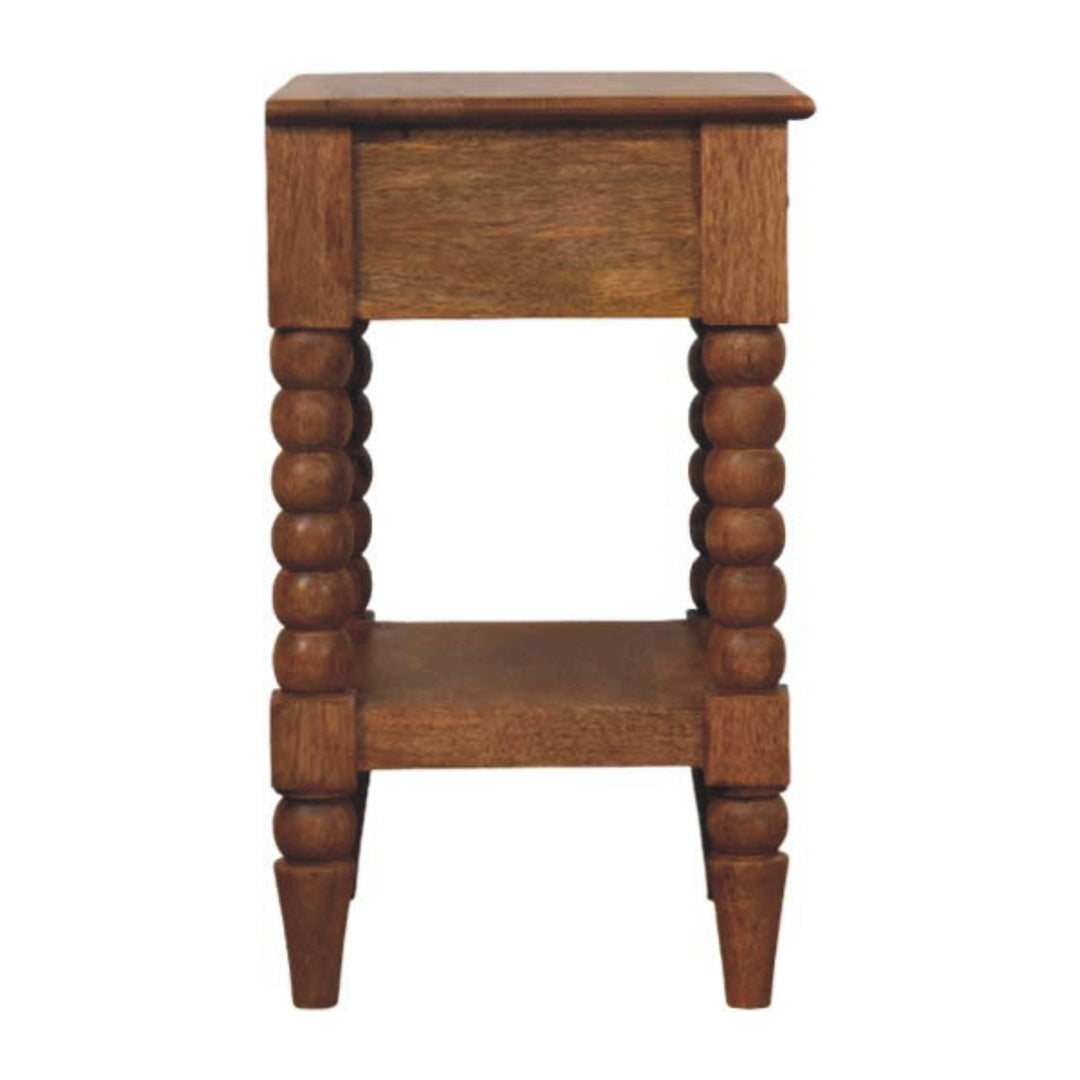 Brown Lacquered Solid Wood Wall-Mounted Spindle Bedside Table with Brass Knob & Open Shelf