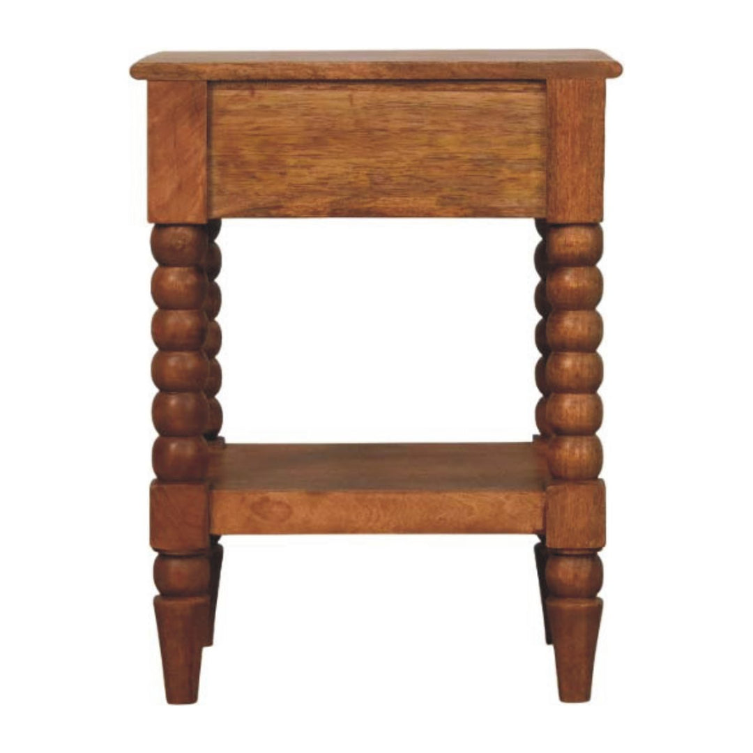 Brown Lacquered Solid Wood Wall-Mounted Spindle Bedside Table with Brass Knob & Open Shelf