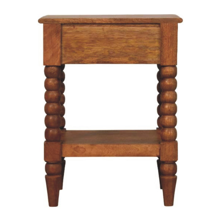 Brown Lacquered Solid Wood Wall-Mounted Spindle Bedside Table with Brass Knob & Open Shelf