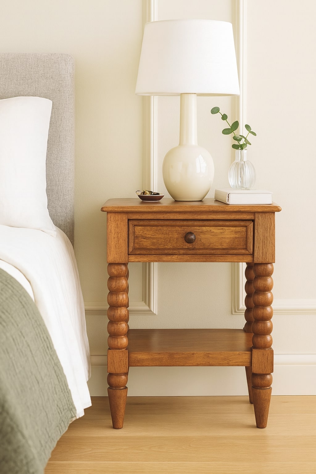 Brown Lacquered Solid Wood Wall-Mounted Spindle Bedside Table with Brass Knob & Open Shelf