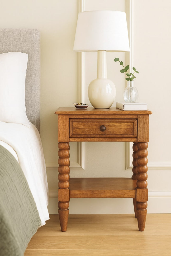 Brown Lacquered Solid Wood Wall-Mounted Spindle Bedside Table with Brass Knob & Open Shelf