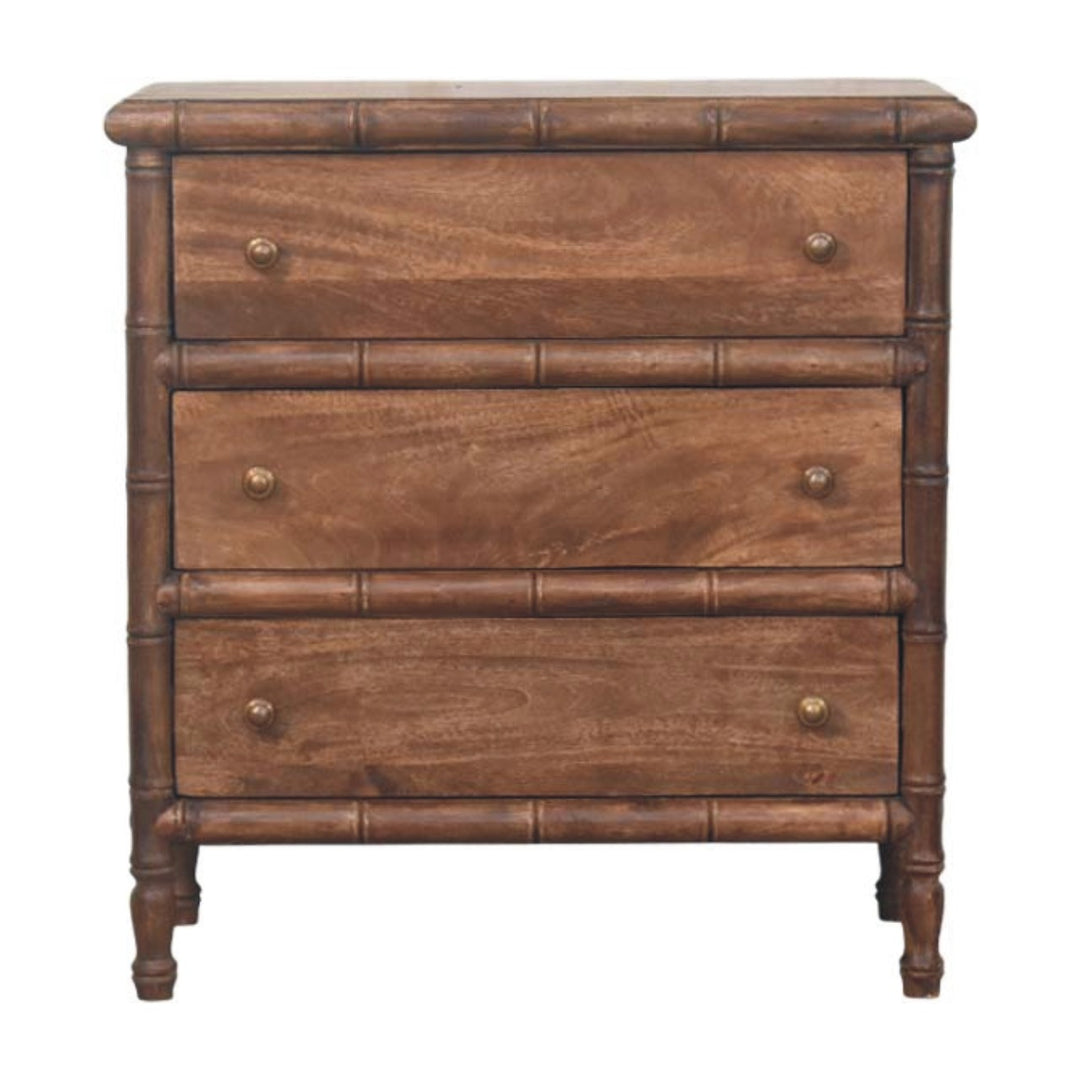 Brown Lacquered Amber Oak Solid Mango Wood Bamboo Carved 3-Drawer Chest with Spindle Legs
