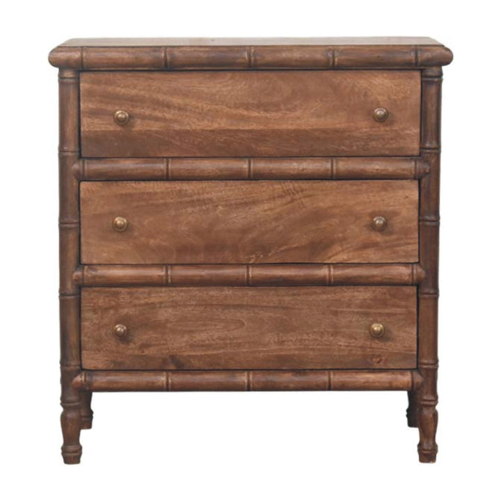 Brown Lacquered Amber Oak Solid Mango Wood Bamboo Carved 3-Drawer Chest with Spindle Legs