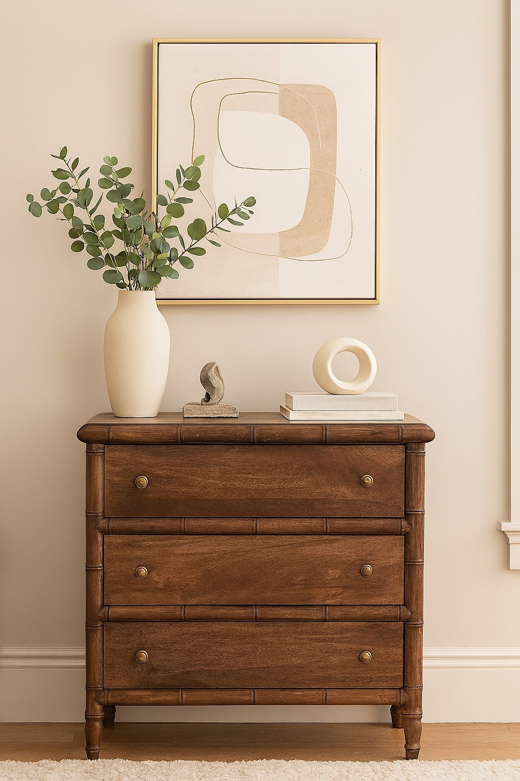 Brown Lacquered Amber Oak Solid Mango Wood Bamboo Carved 3-Drawer Chest with Spindle Legs