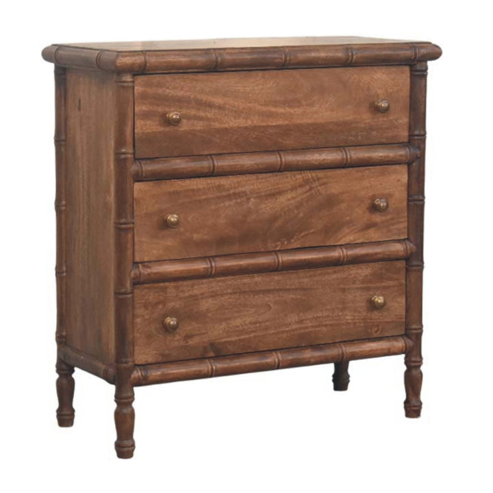 Brown Lacquered Amber Oak Solid Mango Wood Bamboo Carved 3-Drawer Chest with Spindle Legs