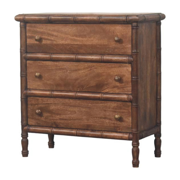 Brown Lacquered Amber Oak Solid Mango Wood Bamboo Carved 3-Drawer Chest with Spindle Legs